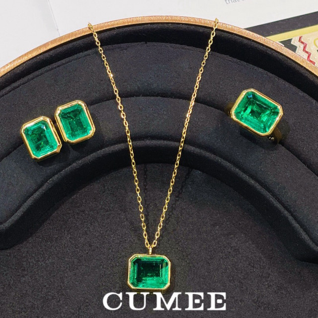 CUMEE Ohrring, 925 Silber, Smaragd, Damen, 18 Karat Gelbgold plattiert - Bild 1