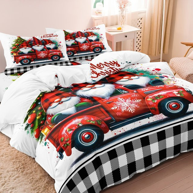 3-teiliges Weihnachtsbettwäsche-Set mit Weihnachtszwergen und rotem LKW in Karo-Design, Rot, B/H: 135 x 200 cm - Bild 1