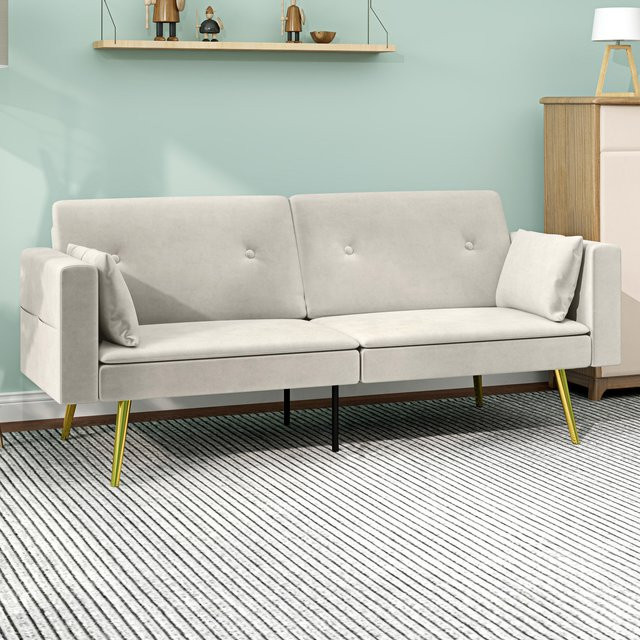 HOMCOM Schlafsofa Beige mit verstellbarer Rückenlehne und Seitentaschen, gepolstertes 2er-Sofa mit Schlaffunktion und Kissen für Wohnzimmer und Schlafzimmer - Bild 1