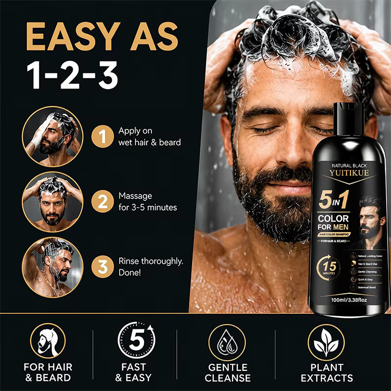 YUITIKUE 5-in-1 Herren Haarfarbe Shampoo, Schwarz, für Haar und Bart - Bild 4