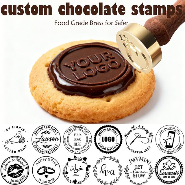 Personalisierte Schokoladenstempel in Lebensmittelqualität mit individuellem Logo-Design in Gold für DIY-Dekorationen von Cupcakes, Plätzchen und Geschenken - Bild 1