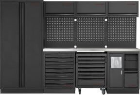 Kraftwerk 4-Element-Schrankwand mit Vierkantlochwand und Inox-Arbeitsplatte in Schwarz-Silber, Breite: 295,5 cm - Bild 1