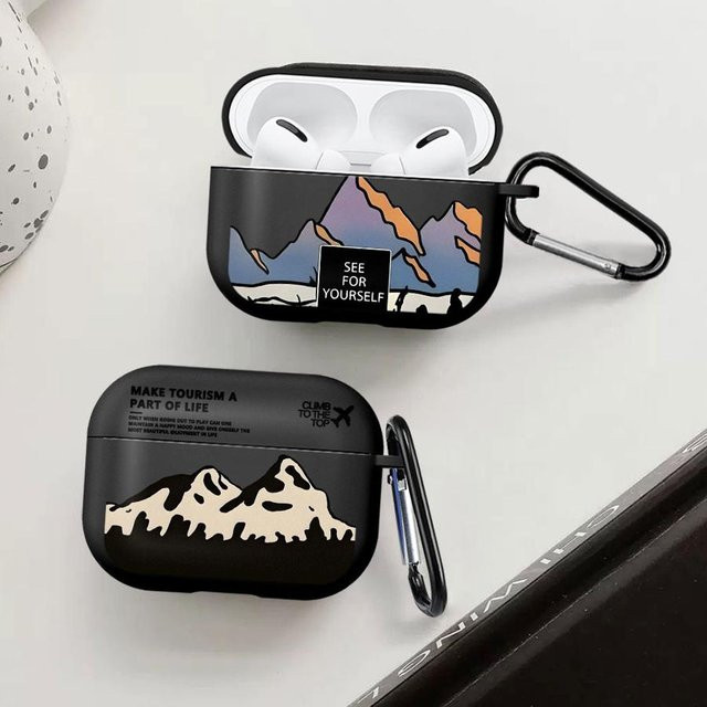 Schutzhülle für Apple AirPods mit Landschafts- und Flugzeugmotiv in Schwarz - Bild 1
