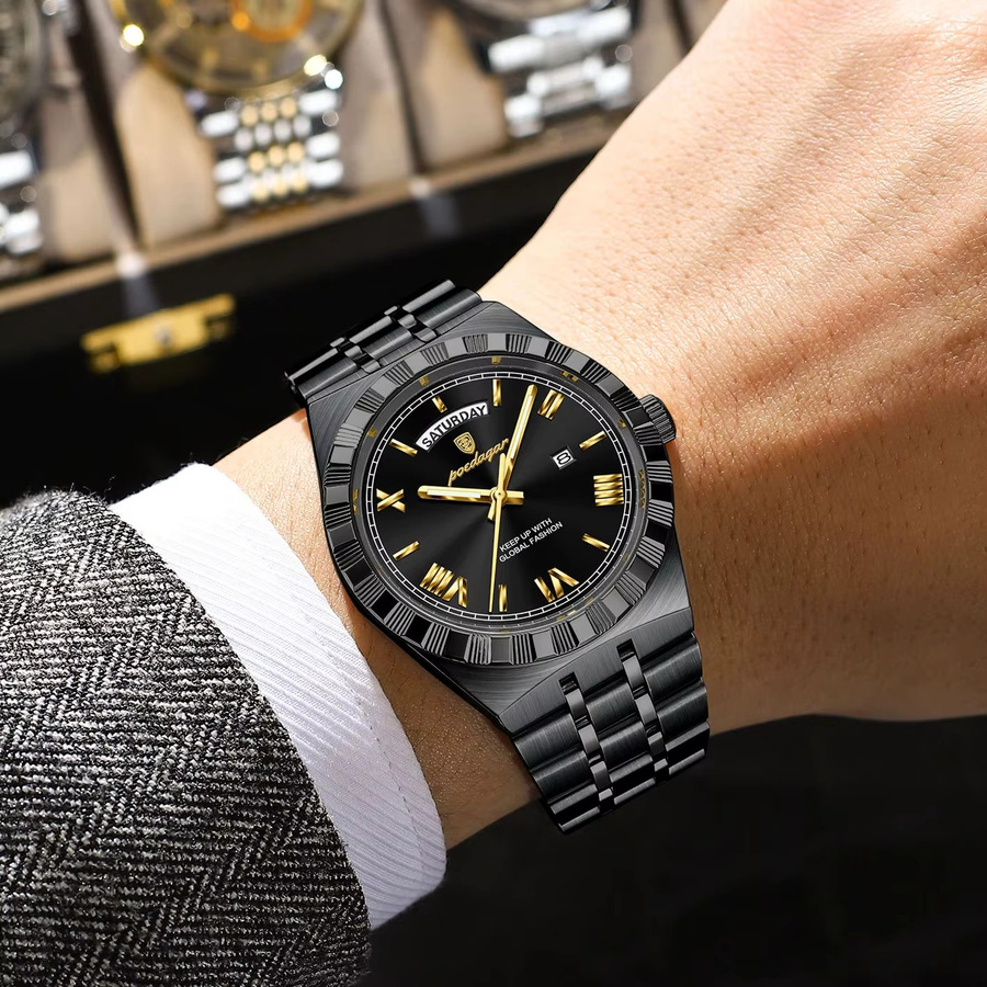 POEDAGAR Armbanduhr Quarz, Edelstahl, Schwarz, Silber, Herren - Bild 6