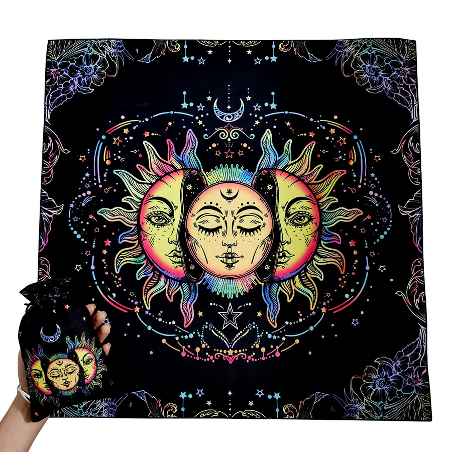 Tarot Tischdecke mit Sonnenmotiv für Altar und Brettspiele, Samt-Optik, Weiß, B/B: 73,66 x 73,66 cm - Bild 2