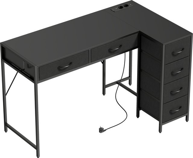 HOMCOM Wendbarer Eckschreibtisch mit Stromanschlüssen und USB-Ports, L-förmiger Schreibtisch mit 6 Stoffschubladen und Haken, Schwarz, B: 126 cm, T: 48 cm - Bild 1