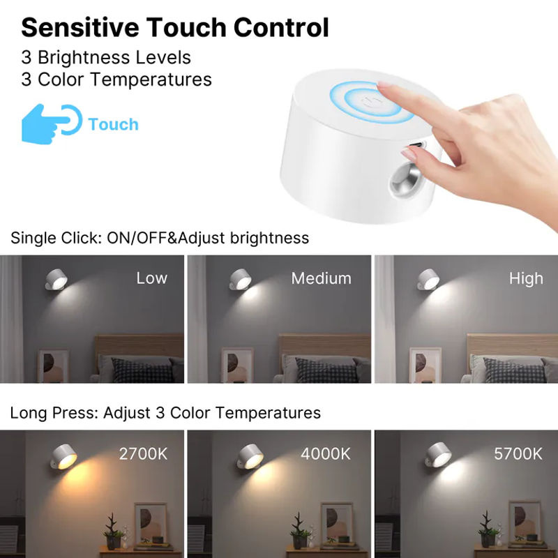 Dimmbare LED Wandleuchten mit Fernbedienung, Wiederaufladbare Magnetische Nachtlampe mit 3 Farbtemperaturen und 360 Grad Rotation - Bild 2
