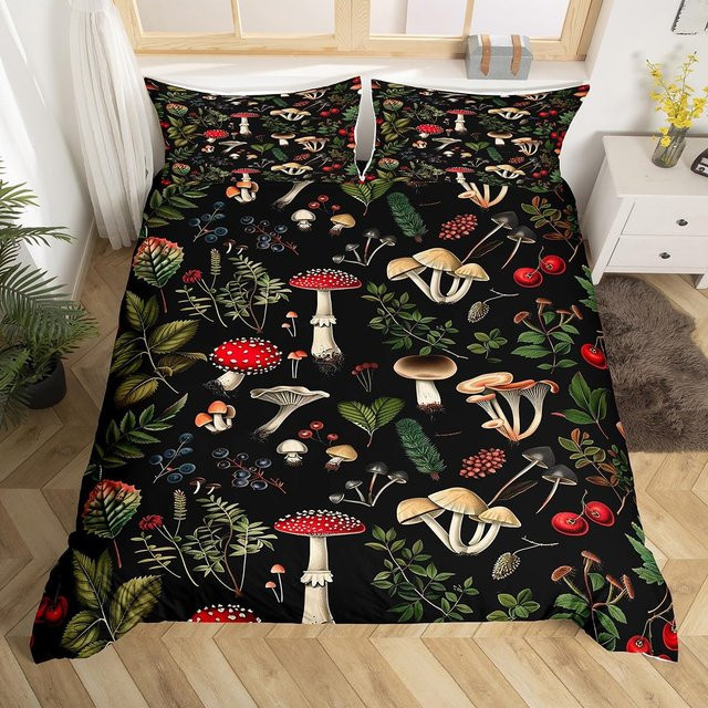 Bettwäsche Set mit Pilz- und Pflanzenmotiv von Binchi Outdoor Product, buntes botanisches Design, Material Mikrofaser, B/H: 200 x 200 cm - Bild 1