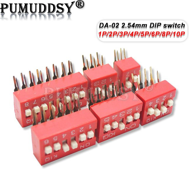 PUMUDDSY DIP-Schalter DA-02 Set, 5er-Los, horizontale 90-Grad-Einsatz-Schalter mit gebogenem Fuß, Rot, 2,54 mm Pitch - Bild 1