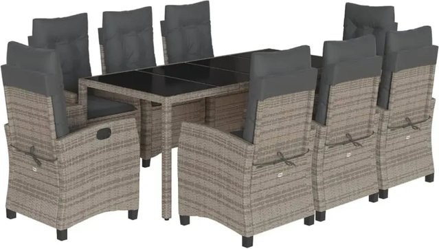 vidaXL 9-teilige Garten-Essgruppe aus Poly-Rattan in Grau mit Kissen und Hartglas-Tischplatte - Bild 1
