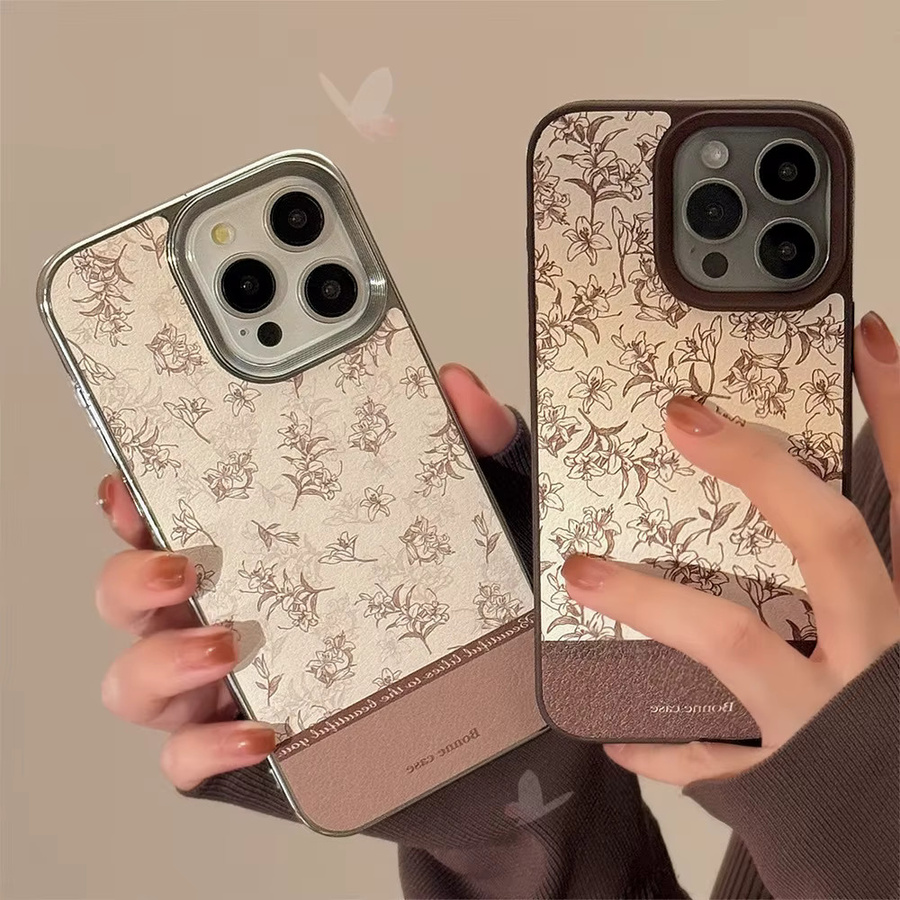 MUQGEW Handyhülle mit koreanischem Retro-Lilien-Blumenmuster und Ledertextur für iPhone 17, 16, 15, 14, 13, 12, 11 (Pro Max), stoßfest, Farbe: Beige - Bild 2