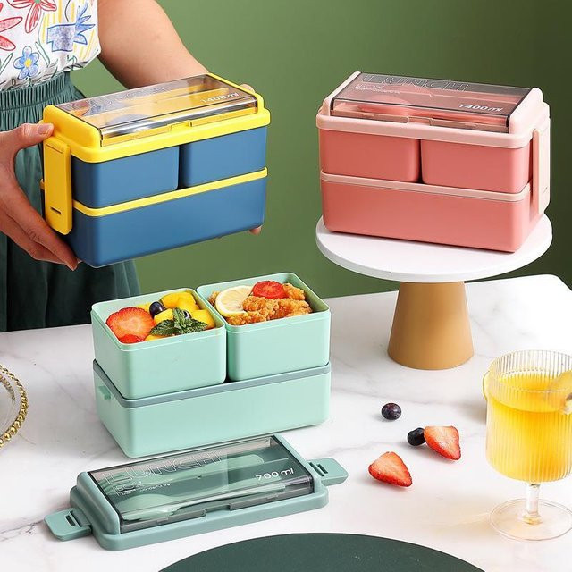 YOCITY Doppelschichtige tragbare Lunchbox für Kinder in Blau und Multicolour mit Besteck und Mikrowelleneignung - Bild 1