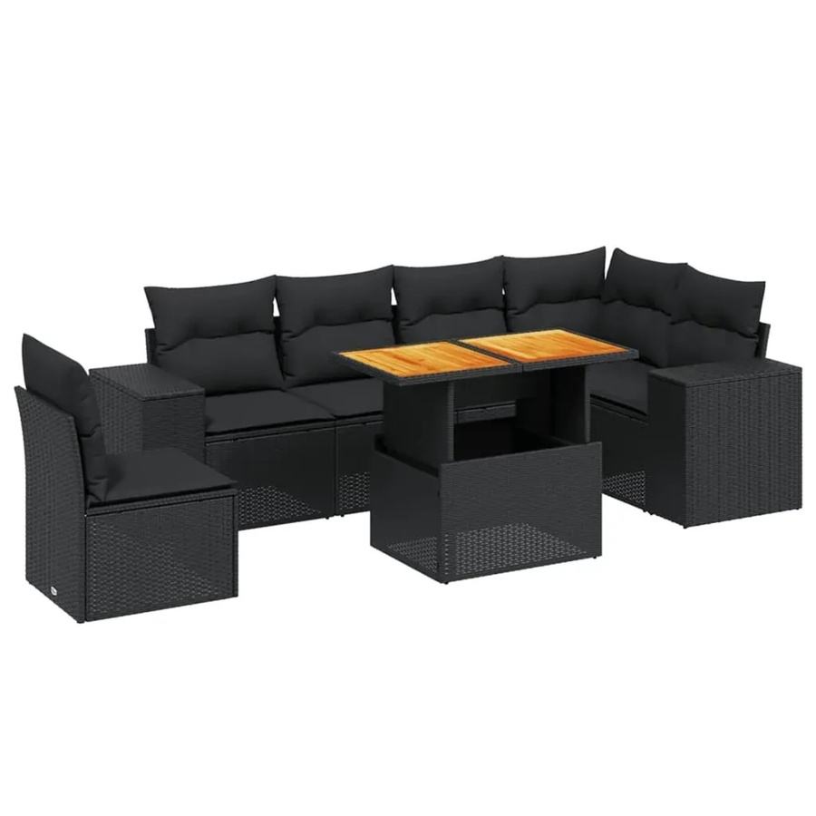 vidaXL 7-teilige Garten-Sofagarnitur in L-Form aus schwarzem Poly-Rattan mit Kissen und Akazienholz - Bild 2