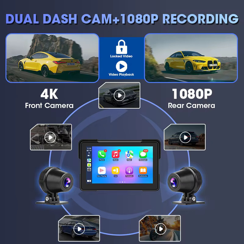 Jansite Motorrad Dashcam mit 4K/1080P DVR, GPS Navigation, Wireless CarPlay und Android Auto, inkl. TPMS, Farbe: Schwarz - Bild 2