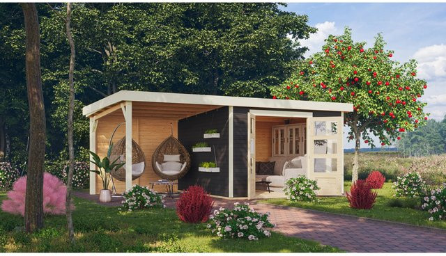 Karibu Gartenhaus Sölve 6 in Terragrau mit Anbaudach und Rückwand, Flachdach aus Holz, B/T/H: 306 x 302 x 216 cm - Bild 1
