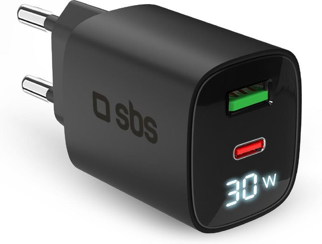 SBS Wandladegerät mit LCD-Bildschirm, Schwarz, mit USB-C und USB-A Anschlüssen - Bild 1