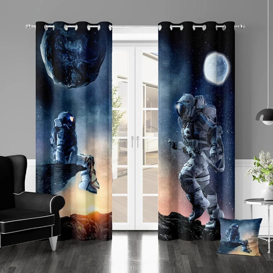 2er-Set Yiran Furniture Vorhänge mit Galaxie Sternenhimmel Planet Astronaut 3D-Digitaldruck, halbtransparent, Mehrfarbig, B: 60 cm, H: 50 cm pro Stück - Bild 1
