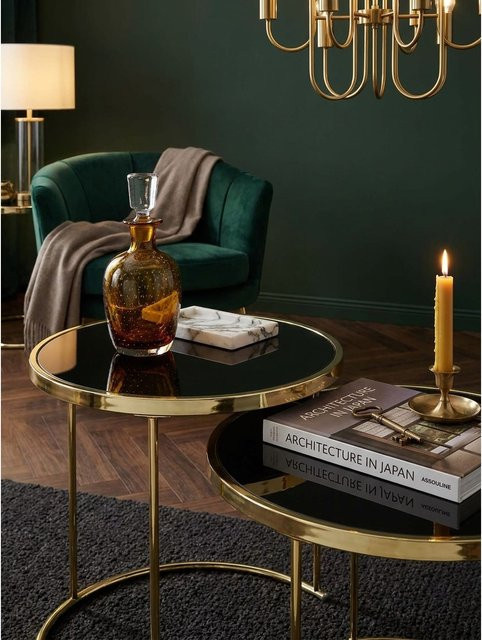 KADIMA DESIGN Satztisch 2er-Set modern in Schwarz-Gold mit runden Glasplatten - Bild 1