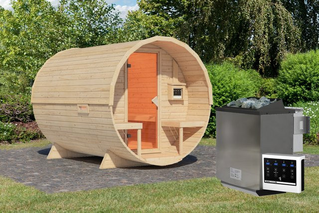 Karibu Fasssauna aus nordischer Fichte mit 9.0 kW BioKombiofen und Steuergerät, B/T/H: 225 x 229 x 295 cm - Bild 1