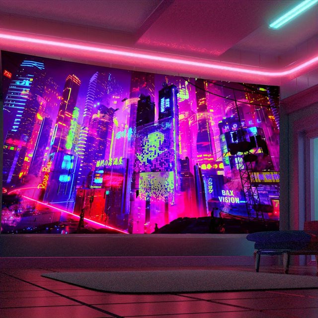 VIKAMA Wandteppich Neon-Stadtlandschaft Japanische Nachtlandschaft Multicolour aus Polyester - Bild 1