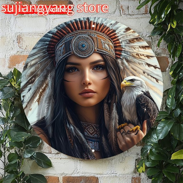 Rundes Metall-Blechschild Potdemiel Indische Frau und Adler, Mehrfarbig, Durchmesser: 20,32 cm - Bild 1