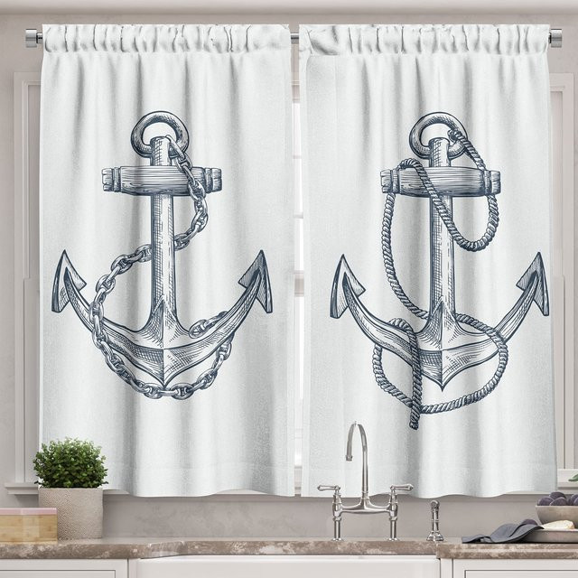 Yiran Furniture Vintage Anker Vorhänge im 2er Set mit Haken, Nautisches Design für Kinderzimmer und Wohnzimmer, semi-transparent, B: 55 cm, H: 120 cm - Bild 1