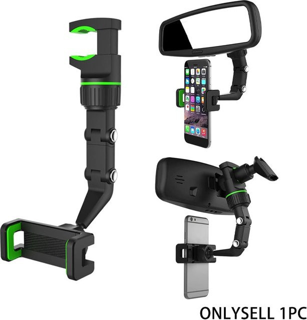 VIKEFON 360 Grad Auto-Rückspiegelhalterung für Mobiltelefone und GPS-Geräte, verstellbare Autohalterung in Schwarz und Grün, passend für alle Telefonmodelle - Bild 1