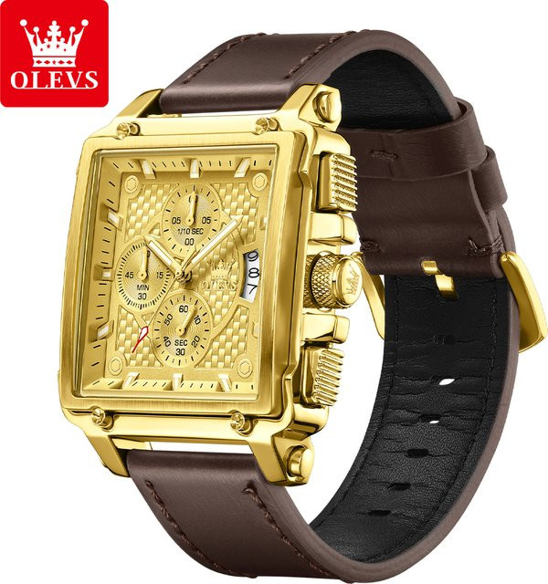 OLEVS Chronograph, Quarz, Lederarmband, Gold, 45 mm, Herren - Bild 1