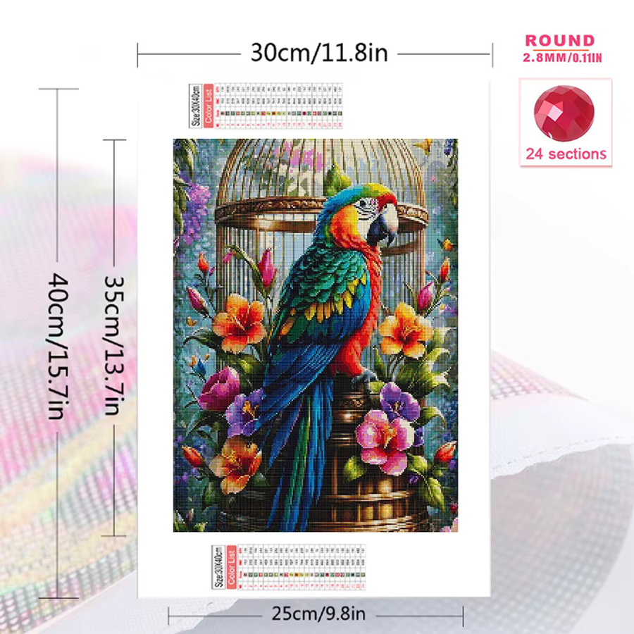 Momoart Diamant-Stickerei DIY Set Papagei und Blumen als Acryl-Mosaik zur Heimdekoration, Multicolor, B: 30,0 cm, H: 20,0 cm - Bild 2