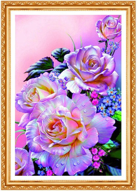 FIYO Diamant-Stickerei Kreuzstich mit lila Pfingstrosen als florale Wanddekoration, Breite: 20 cm, Höhe: 30 cm - Bild 1