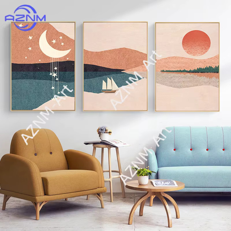 Potdemiel Landschaftskunst-Poster Morandi Berg Sonne und Mond auf Leinwand in Mehrfarben - Bild 2
