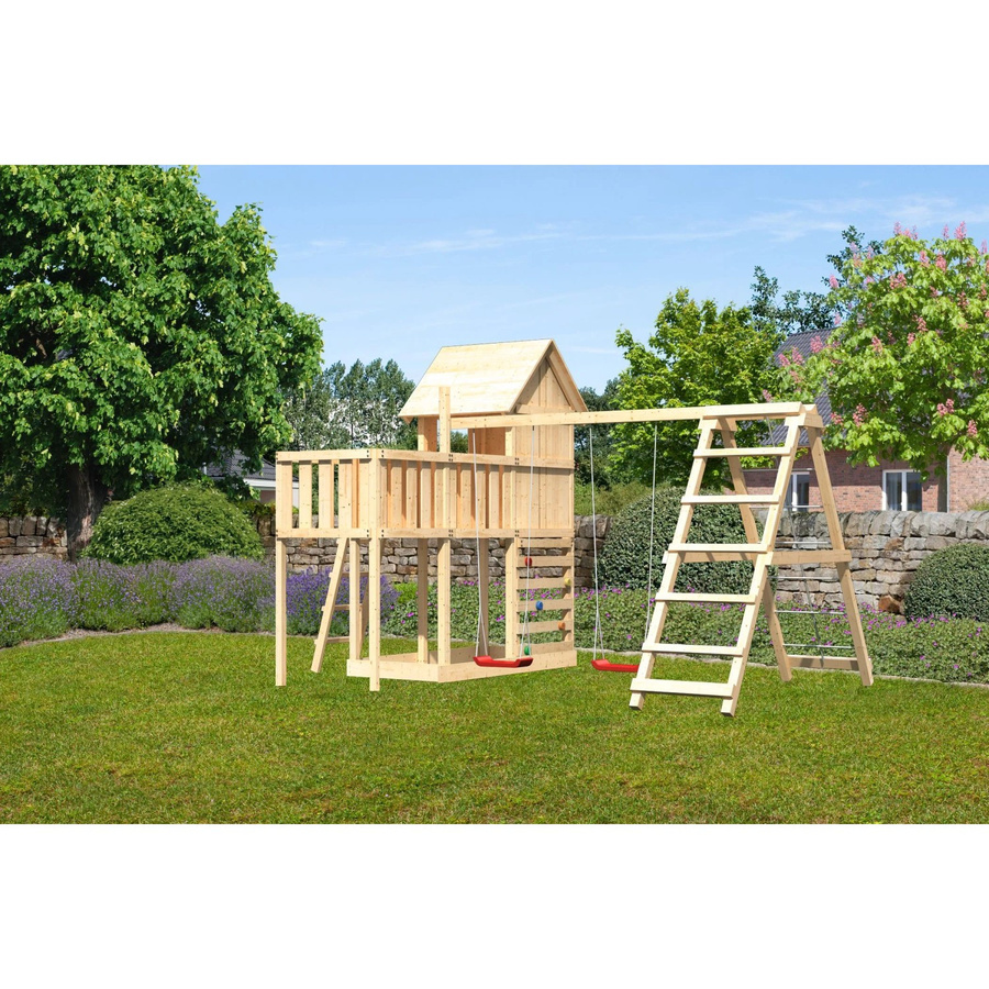 Karibu Stelzenhaus Frieda Doppelschaukel Kletterg. Plattform Kletterwand aus Massivholz Fichte Natur - Bild 2