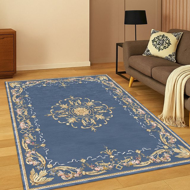 Faviora Boho Teppich mit floralem Persischem Muster in Blau, rutschfest, für Wohnzimmer und Schlafzimmer - Bild 1