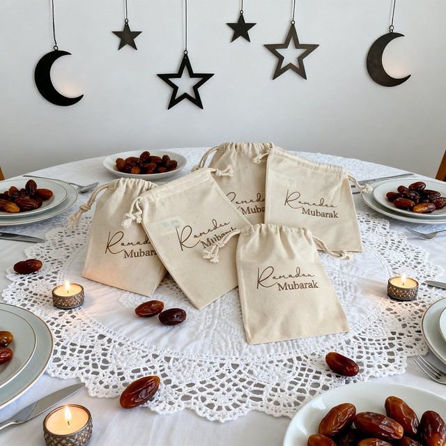 5 Stück Baumwoll-Geschenkbeutel für Eid Ramadan in Beige, 5x7 Zoll Schmuckbeutel für Süßigkeiten und Party-Goodies - Bild 1