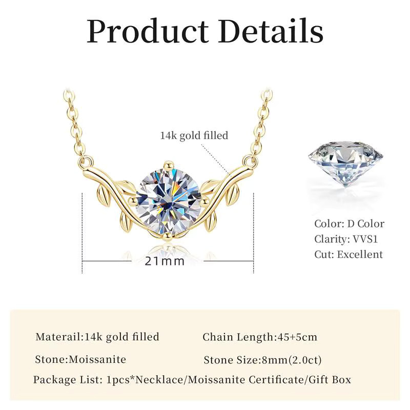 Lnngy Halskette mit Anhänger, Blattform, Moissanit-Diamant, Gold, Damen - Bild 2