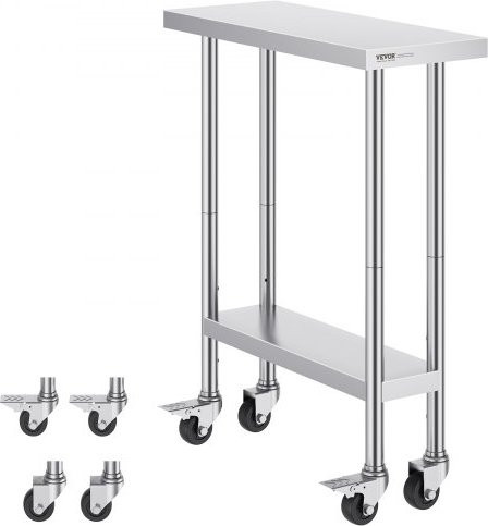 VEVOR Edelstahl Arbeitstisch mit Rollen und höhenverstellbaren Ebenen, Silber, B/T/H: 76,2 x 30,5 x 96,5 cm - Bild 1