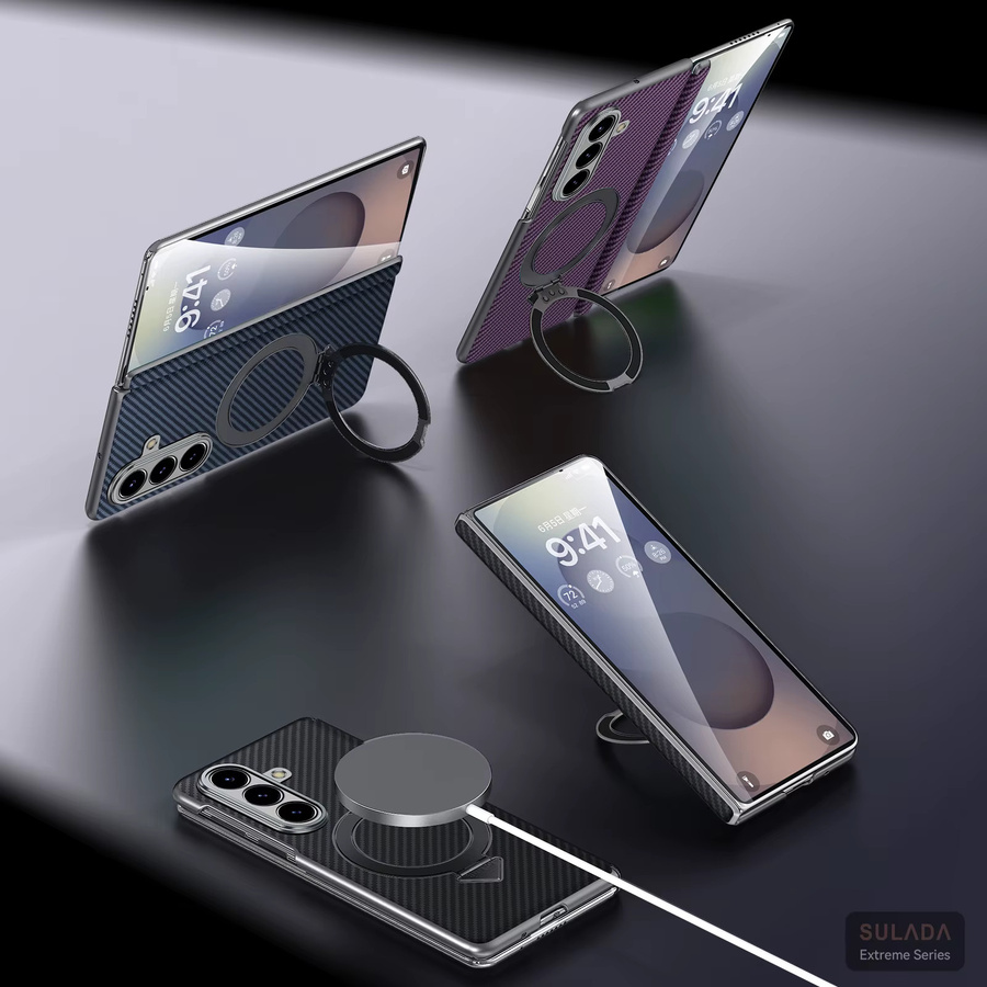 Stoßfeste Business-Handyhülle aus Kohlefaser mit Ständer und Magnetic Wireless Charging für Samsung Galaxy Z Fold 7, 6 und 5 in Schwarz - Bild 2