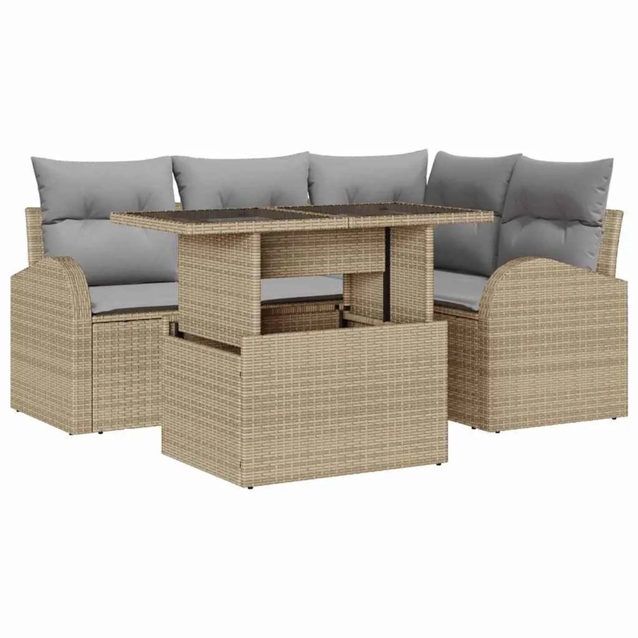 vidaXL Garten-Sofa-Set aus Poly Rattan und Stahl in Beige, 5-teiliges L-Shape Lounge-Set mit Kissen und integriertem Stauraum - Bild 2