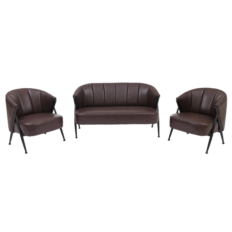 Wohnzimmer-Set MCW-P30 im Vintage Retro Industrial Stil aus Metall und Kunstleder in Dunkelbraun, bestehend aus einem 2er-Sofa und zwei Sesseln - Bild 3