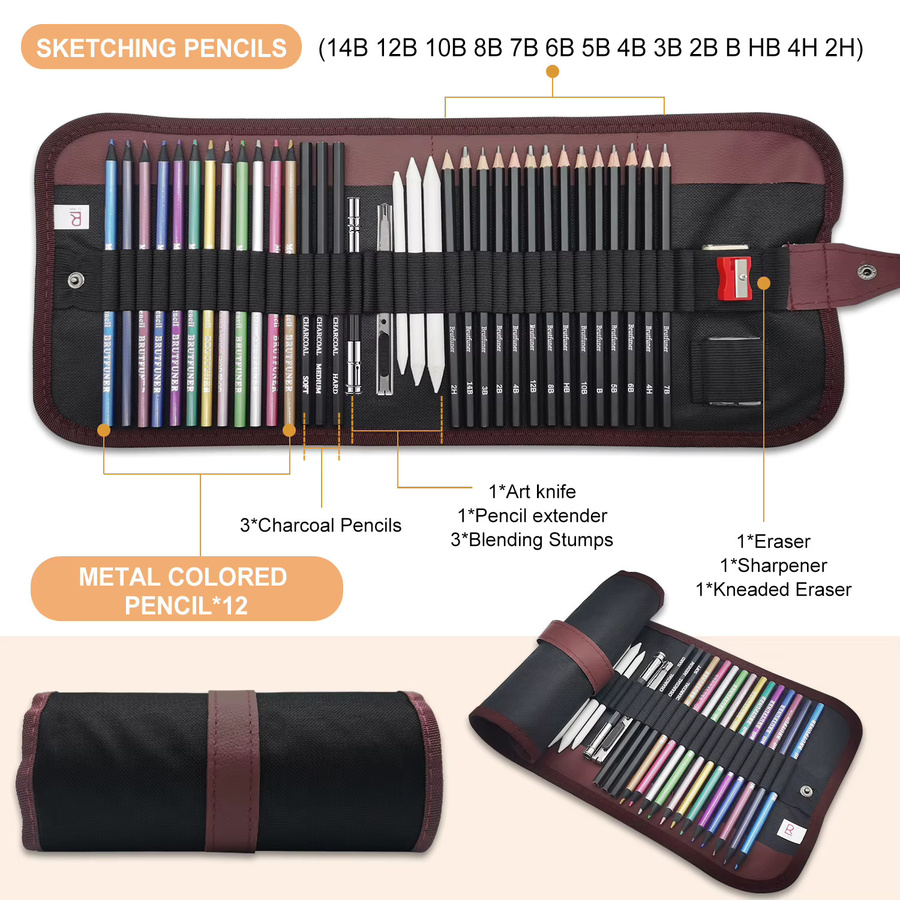 38-teiliges Künstlerbedarf Skizzenstifte-Set mit Graphitstiften, Kohlestiften und 12 Metallic-Bleistiften in Multicolour - Bild 3