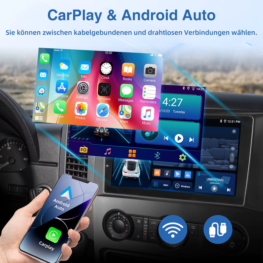 MOPECT Android 15 Autoradio mit 10 Zoll Display, 4G, 64G, GPS und Bluetooth für VW Crafter 2006-2011 und Mercedes-Benz Sprinter W906 2006-2018, CarPlay, Schwarz - Bild 3