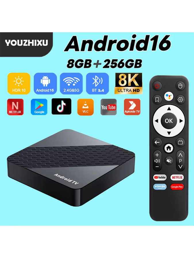 Smart X10 Android 16 TV-Box mit 8 GB RAM und 256 GB Speicher, Rockchip RK3518, 8K Video, Bluetooth 5.4 und Google Assistant, Schwarz - Bild 5