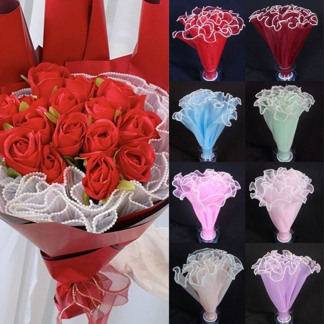 Beiges Netzmaterial für Blumenstrauß-Verpackungen mit Perlenkanten, Breite: 28 cm, Länge: 4 Yards - Bild 1