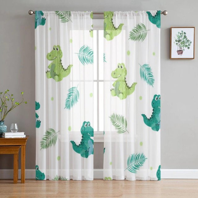 Yifulin Transparente Tüll-Vorhänge mit Dinosaurier-Regenbogen-Cartoon-Motiv, Farbe: Transparent/Mehrfarbig, B: 135 cm, H: 114 cm - Bild 1
