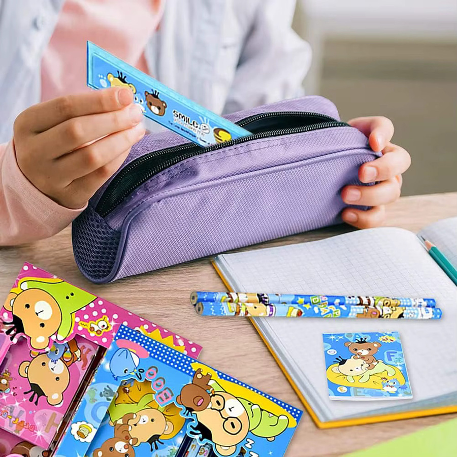 6er Set Schul-Briefpapier-Sets mit Notizbuch und Schreibutensilien in Gelb und Mehrfarbig für Kinder - Bild 3