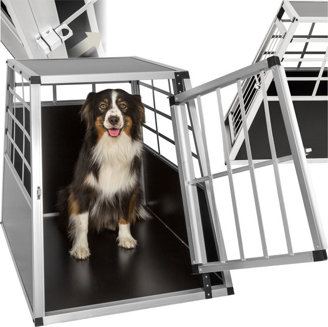 tectake Hundetransportbox Single aus Aluminium und Holz mit gerader Rückwand und Gittertür, Schwarz, B/T/H: 90 x 65 x 69,5 cm - Bild 1