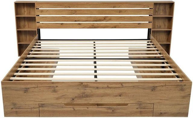 okwish Holzbett in Eiche mit LED-Beleuchtung, USB-Anschluss und Stauraum durch Schubladen, B/T/H: 160 x 200 cm, Farbe: Braun - Bild 1