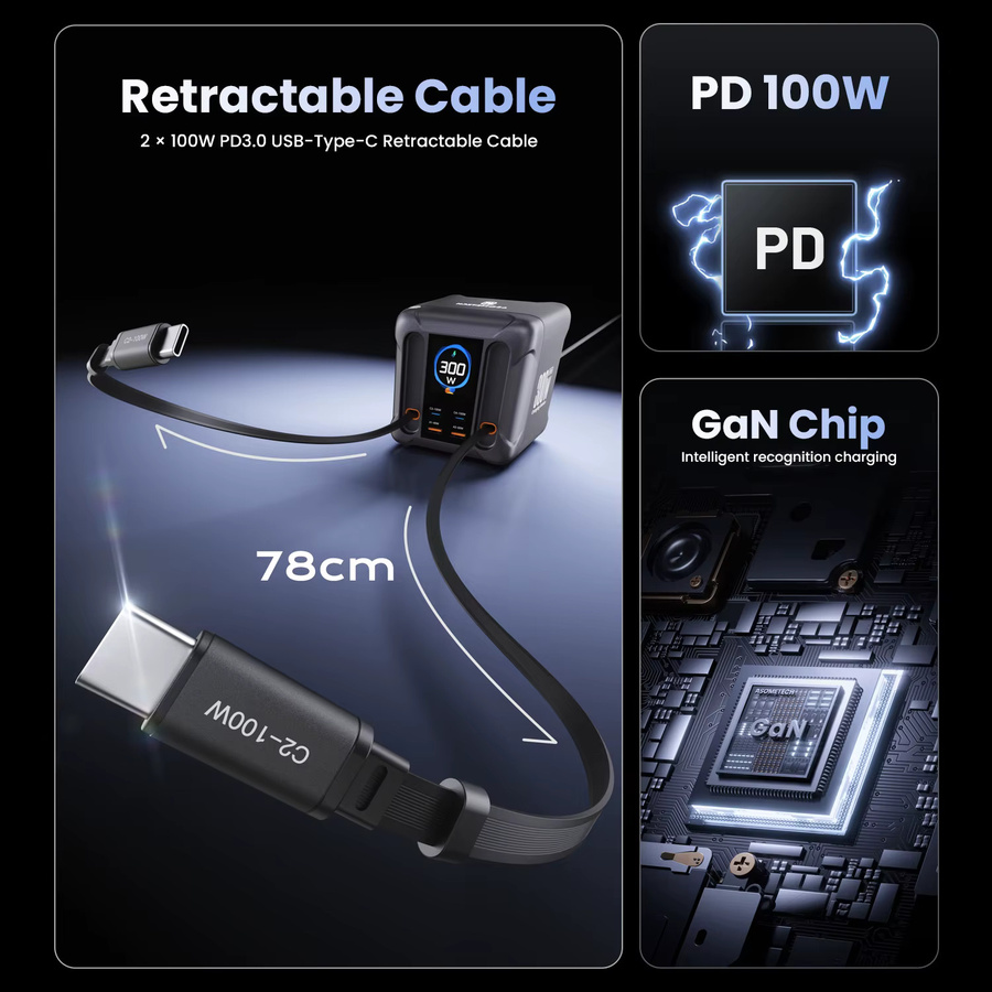 ASOMETECH 300W GaN USB-Ladegerät mit LED-Anzeige und einziehbarem USB-C-Kabel, PD3.0 PPS Schnellladestation für Macbook und Samsung, Schwarz/Grau - Bild 2