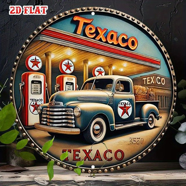 Potdemiel Texaco Vintage Aluminiumschild Rund, Metallwandkunst im klassischen LKW- und Pumpendesign, Durchmesser: 20 cm - Bild 1