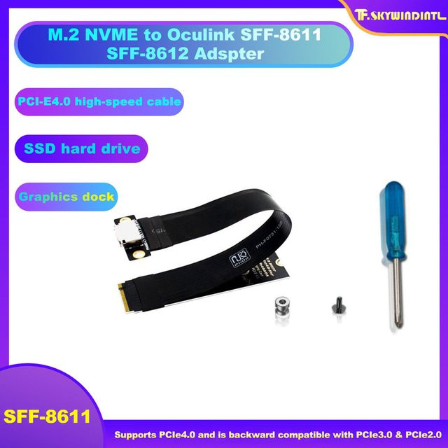 T.F.SKYWINDINTL M.2 NVMe zu Oculink PCIe 4.0 x4 Erweiterungskabel SFF-8612 auf SFF-8611 für Laptop-Grafikkarten und GPU-Speicherserver, Schwarz - Bild 1